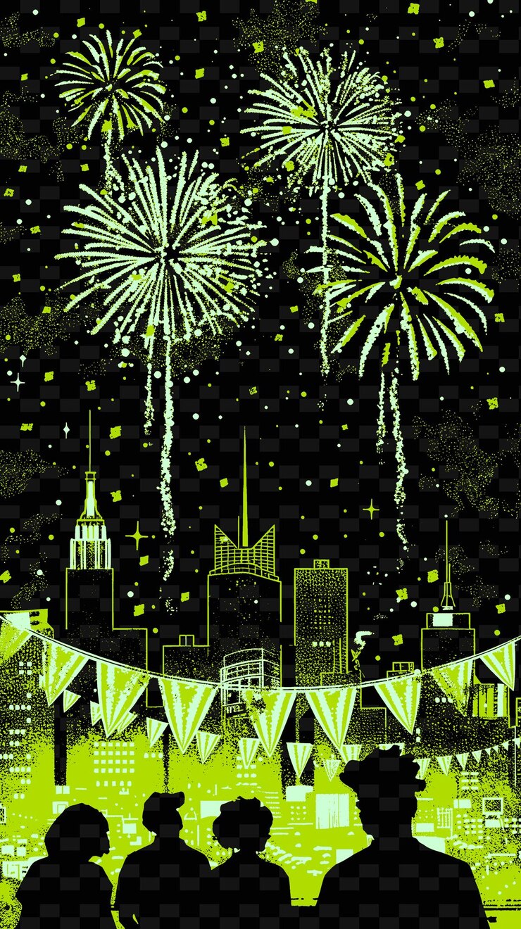 PSD fireworks display over a city skyline with people watching i creative illustration idea designs