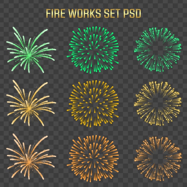 花火のライトエフェクトは PSD で活気のある緑の金とオレンジの爆発を設定します