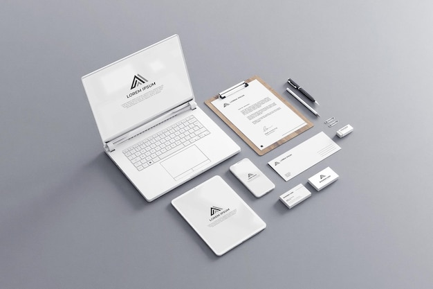 Firma White Stationery Mockup Business Company Z Laptopem Typu Tablet