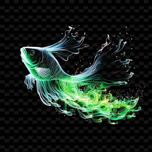 PSD fish aquarium wonder wavy neon lines seaweed scales on black shape y2k neon light art collections