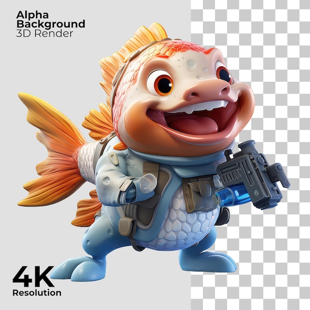 Fish cartoon character with gun