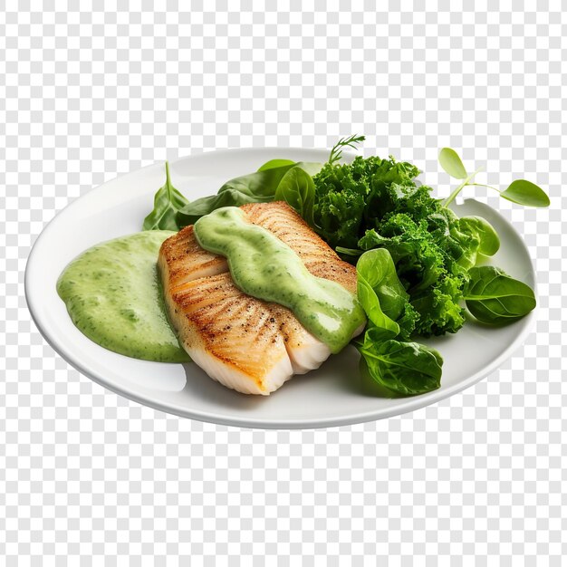 PSD fish fillet served with spinach sauce and steamed vegetables isolated on transparent background