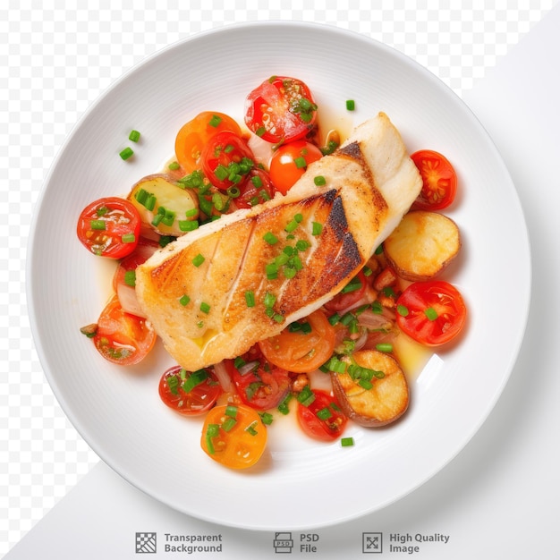 Fish fillet with tomatoes chives and bread on transparent background plate