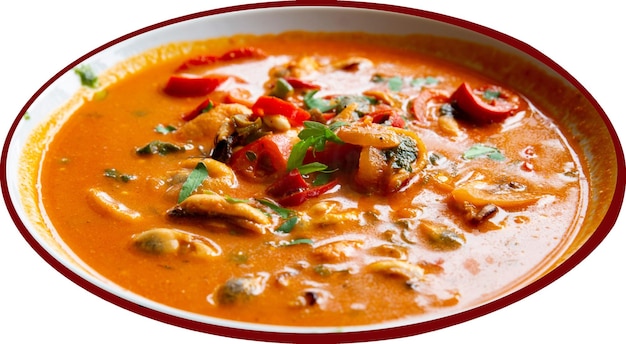 fish gravy with green pepper and tomato and greens in white plate line red
