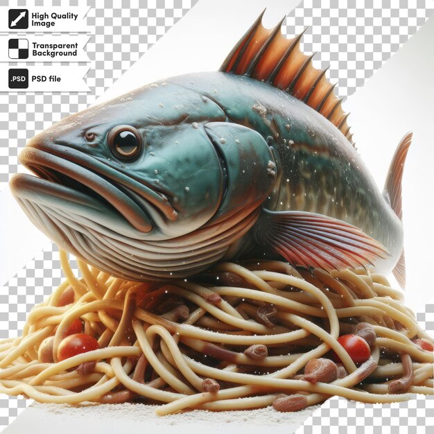 PSD a fish is laying on a pile of spaghetti