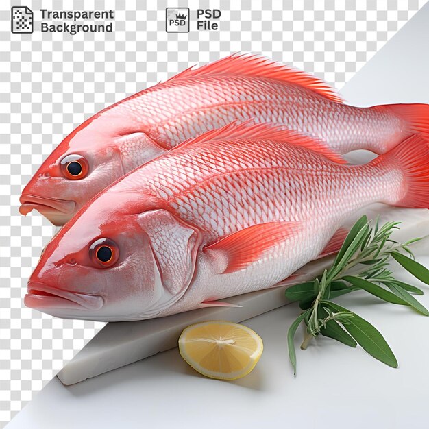 PSD レモンとパセリを添えたまな板の上の魚