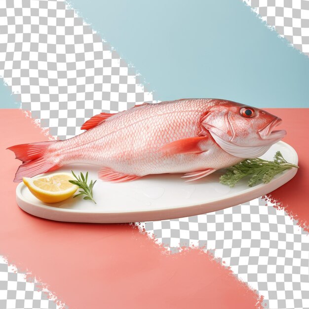 PSD a fish on a plate with a lemon wedge on it