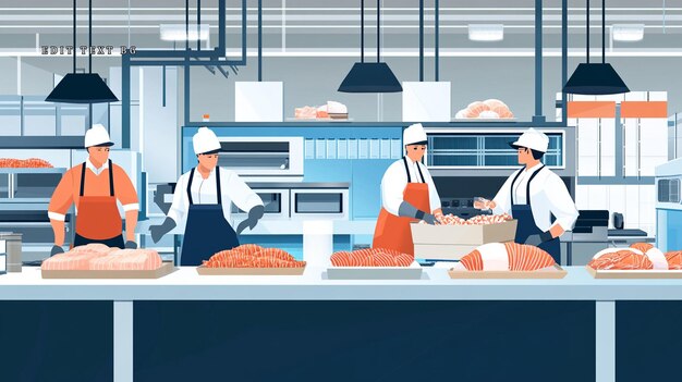 fish processing plant workers prepare and package salmon fillets on stainless steel tables