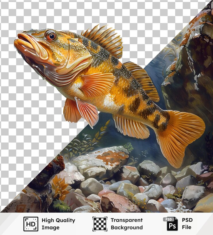 PSD fish swimming in a rocky stream psd file with transparent background