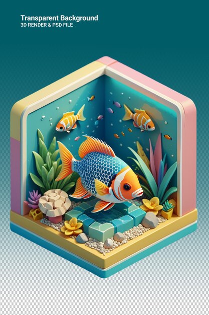 PSD a fish tank with a fish in it and the title  fish  on the bottom