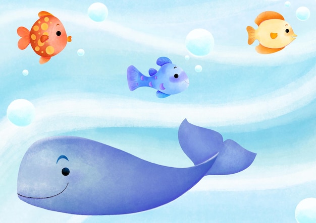 PSD fish and whale in the sea with bubbles illustration landscape hand drawing