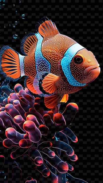 PSD a fish with a blue face and orange eyes is surrounded by purple coral