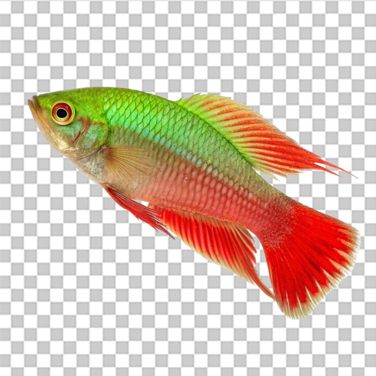 PSD fish with green and red tail isolated on transparent background