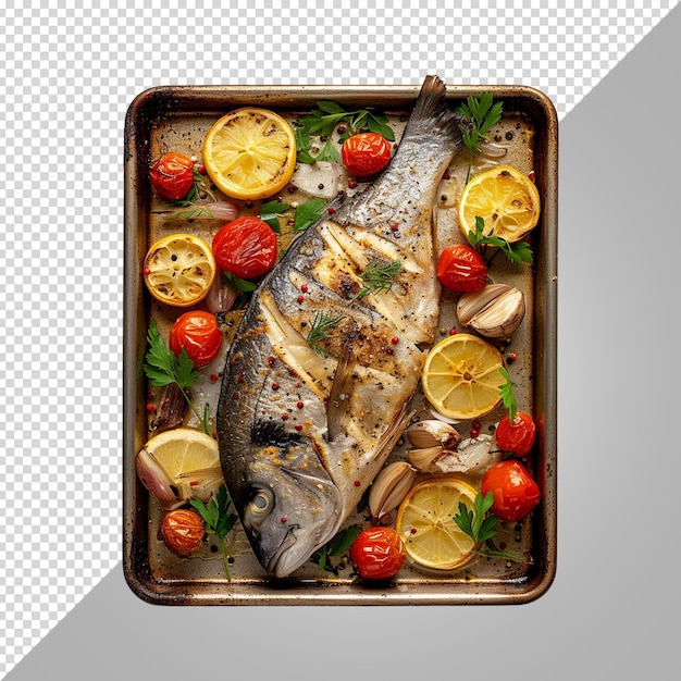 PSD a fish with vegetables and lemons on a tray with a lemon and tomatoes