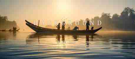 PSD fishermen on wooden boats are casting nets on the lake in the morning