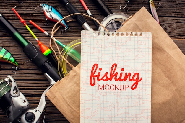 PSD mock-up e shopping bag di accessori per la pesca