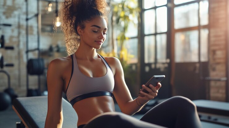 PSD fit woman checking her phone after a workout at the gym