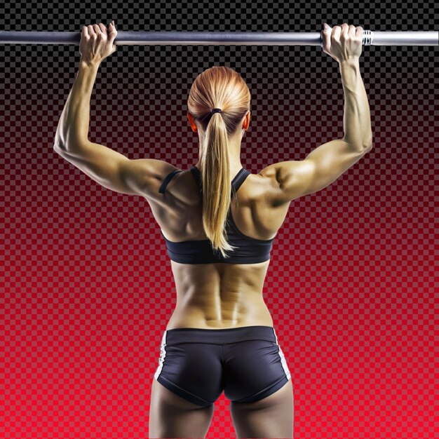 PSD fit woman performing pullups on a clean white bar on transparent background