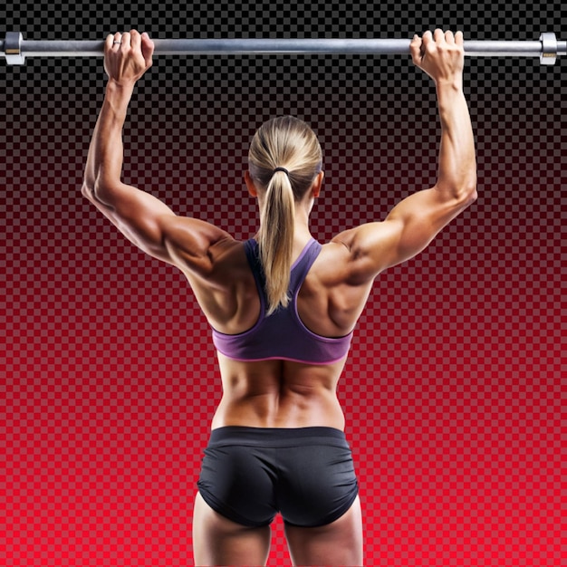 PSD fit woman performing pullups on a clean white bar on transparent background