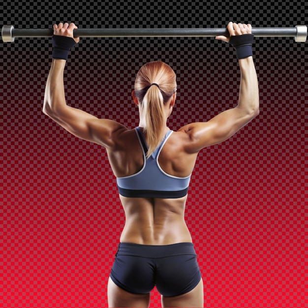 PSD fit woman performing pullups on a clean white bar on transparent background