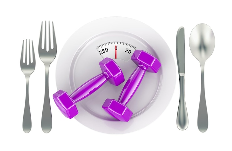 PSD fitness dumbbells on the plate with weight scale 3d rendering isolated on transparent background