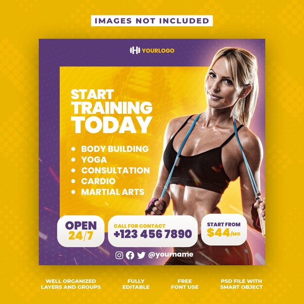 PSD fitness gym business banner or corporate social media banner and instagram post