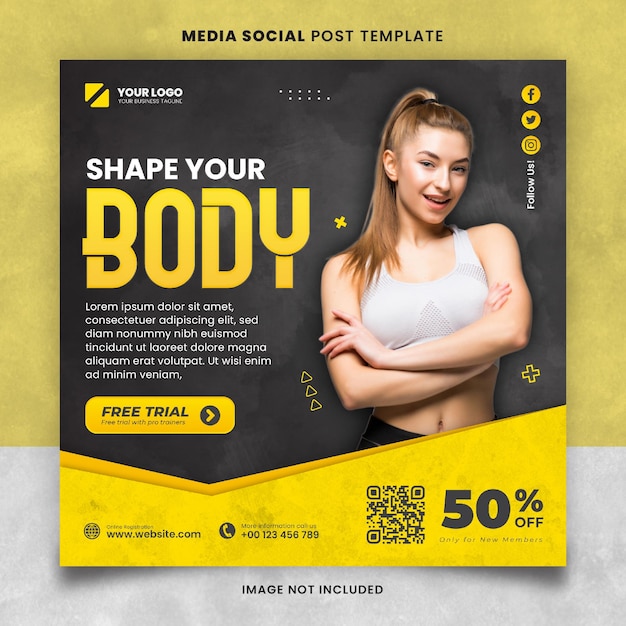 PSD fitness gym kształtuj swoje ciało media social post żółty szablon