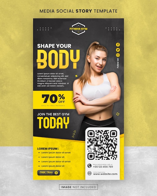 PSD fitness gym shape your body media social story post yellow template