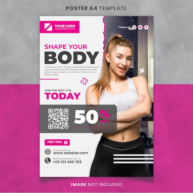 PSD palestra fitness modella il tuo corpo poster e brochure modello rosa pronto per la stampa