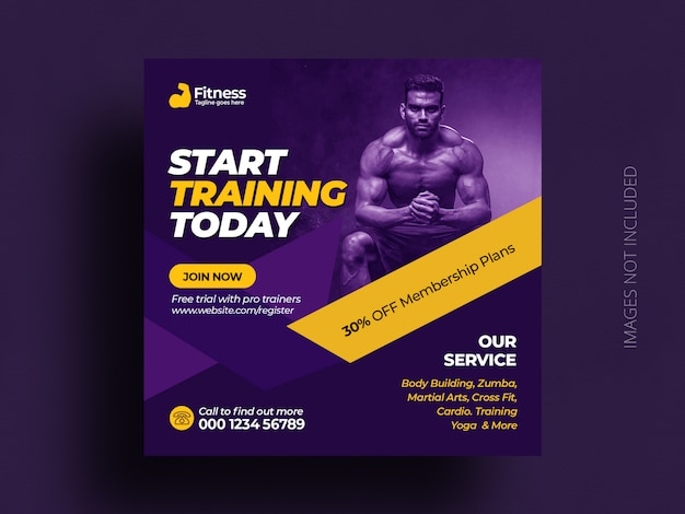 PSD fitness gym social media post banner square flyer template