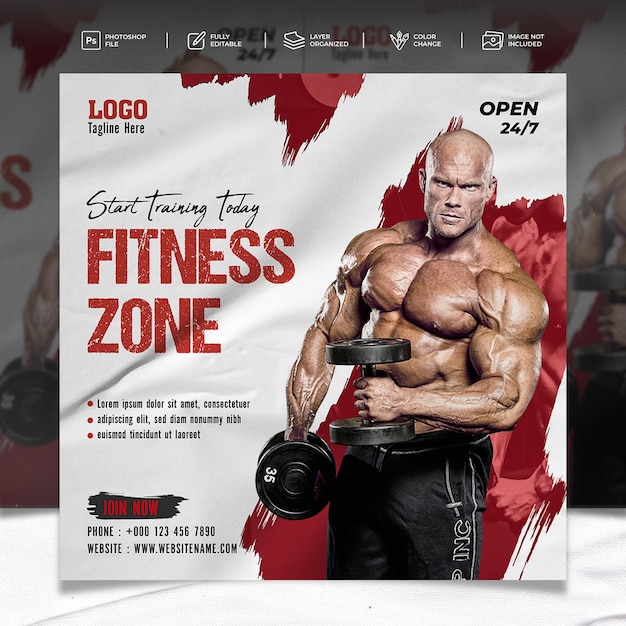 Fitness gym social media post banner template with black and red color