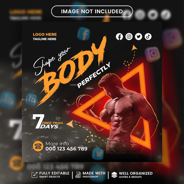 PSD fitness gym social media post and square banner post banner template