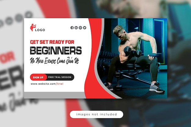 PSD banner web di allenamento in palestra fitness e modello di miniatura di youtube