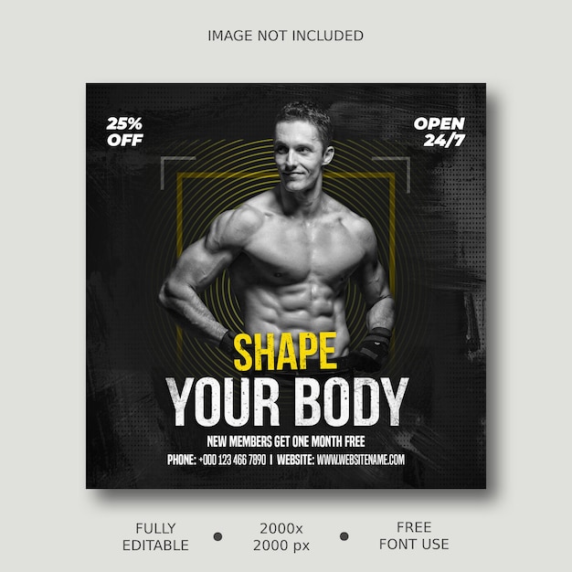 PSD fitness and gym workout training instagram and social media post banner template square