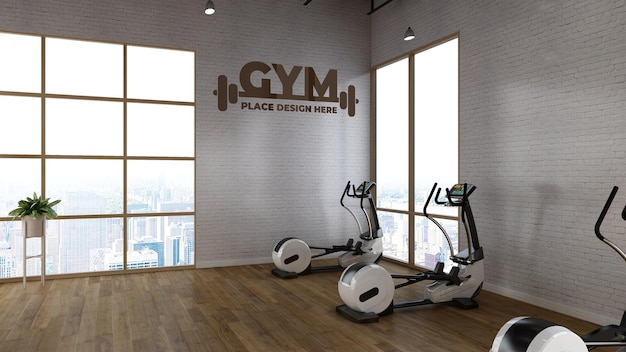 PSD fitness logo mockup in realistic render gym room