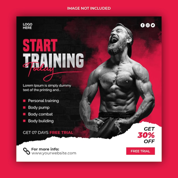 Fitness siłownia social media post banner lub kwadratowy szablon ulotki
