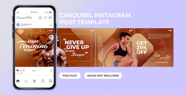 PSD fitness sportschool social media carrousel postsjabloon premium psd