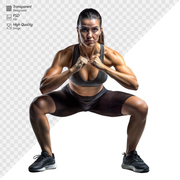 Fitness trainer demonstrates squat exercise in studio