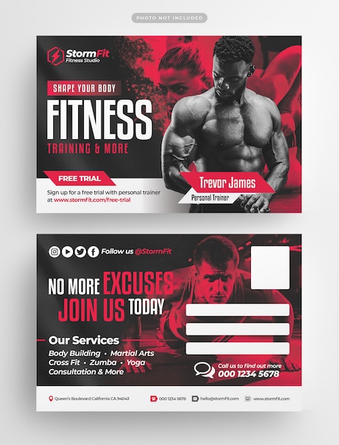 PSD fitness training gym postcard template