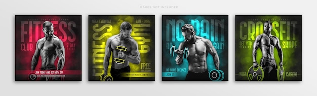 Fitness training and gym workout social media post banner template or square flyer instagram post