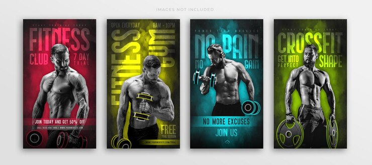 PSD fitnessoefening en gymtraining instagramverhalen of sociale media plaatsen webbannersjabloon