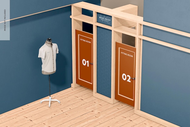 PSD fitting room with door mockup perspective