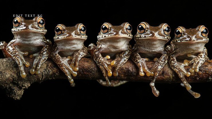 PSD five brown frogs sitting in a row on a branch against a black background