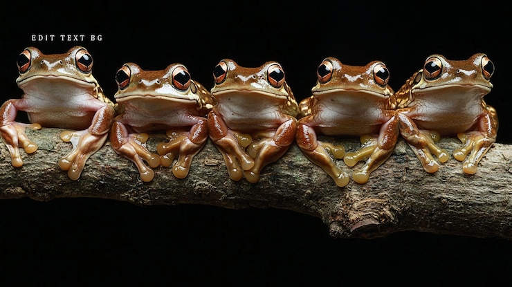 PSD five brown tree frogs perched on a branch against a black background