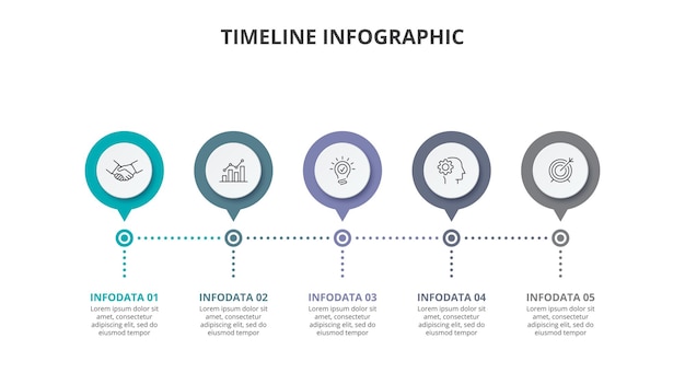 PSD 5つのオプションを備えた5つの円が並んだタイムラインのインフォグラフィック