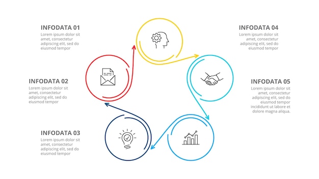 Five circles with arrows for thin line infographic Business presentation with 5 steps