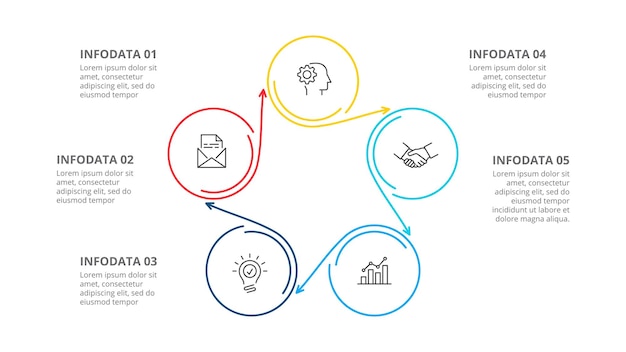 ⁇ 은 선 인포그래픽을 위한 화살표와 함께 다섯 개의 원 5단계의 비즈니스 프레젠테이션