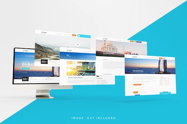 five computer screen interface with website presentation side view mockup