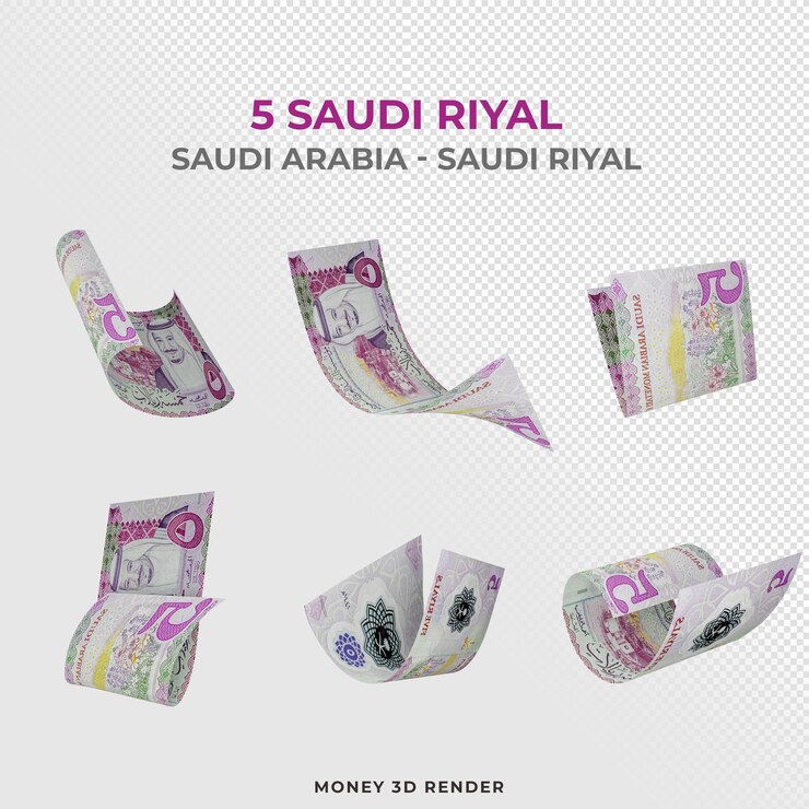 PSD five different bills with the words 5 rial rial and the words money 3d render.