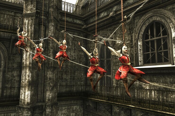 PSD five figures in red costumes traverse a high wire between ancient stone buildings